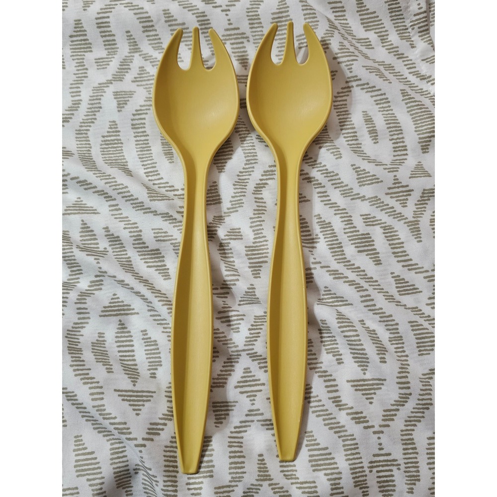 Vintage Tupperware Yellow Salad Server Set Sporks Plastic Serving Utensils 2pc